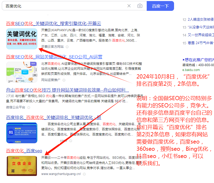 2024年10月8日，“百度優(yōu)化”排名百度第2頁(yè)2條信息。