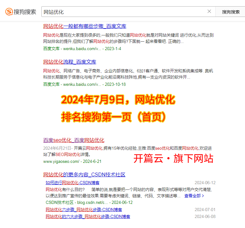 開篇云旗下網站,搜索關鍵詞“網站優化”排名搜狗搜索引擎第一頁。 開篇云旗下網站,搜索關鍵詞“網站優化”排名搜狗搜索引擎第一頁。